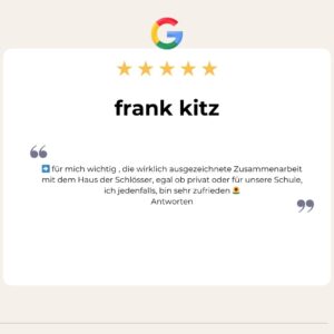 5 Sterne Google Bewertung von Frank Kitz: ➡️ für mich wichtig , die wirklich ausgezeichnete Zusammenarbeit mit dem Haus der Schlösser, egal ob privat oder für unsere Schule, ich jedenfalls, bin sehr zufrieden 🌻
Antworten